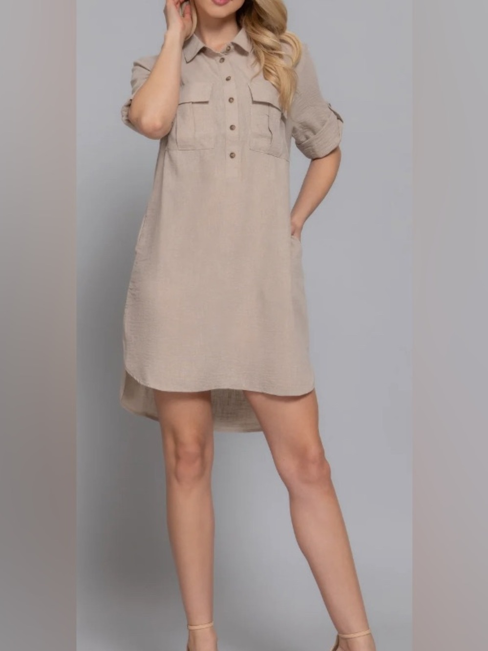 Khaki Linen-Like Mini Shirt Dress/Short Sleeves (Boutique Brand): Size Small